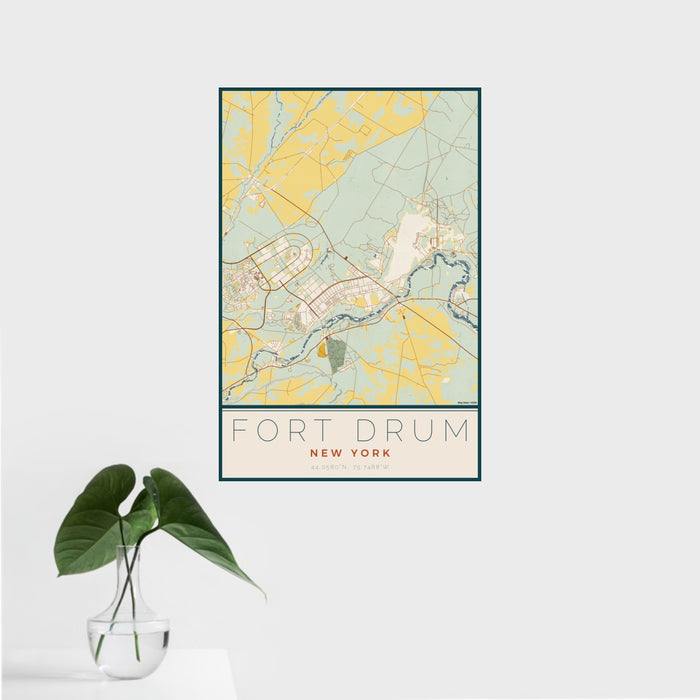 16x24 Fort Drum New York Map Print Portrait Orientation in Woodblock Style With Tropical Plant Leaves in Water