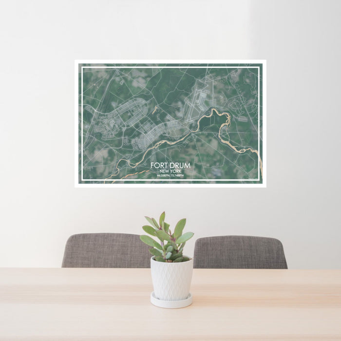 24x36 Fort Drum New York Map Print Lanscape Orientation in Afternoon Style Behind 2 Chairs Table and Potted Plant