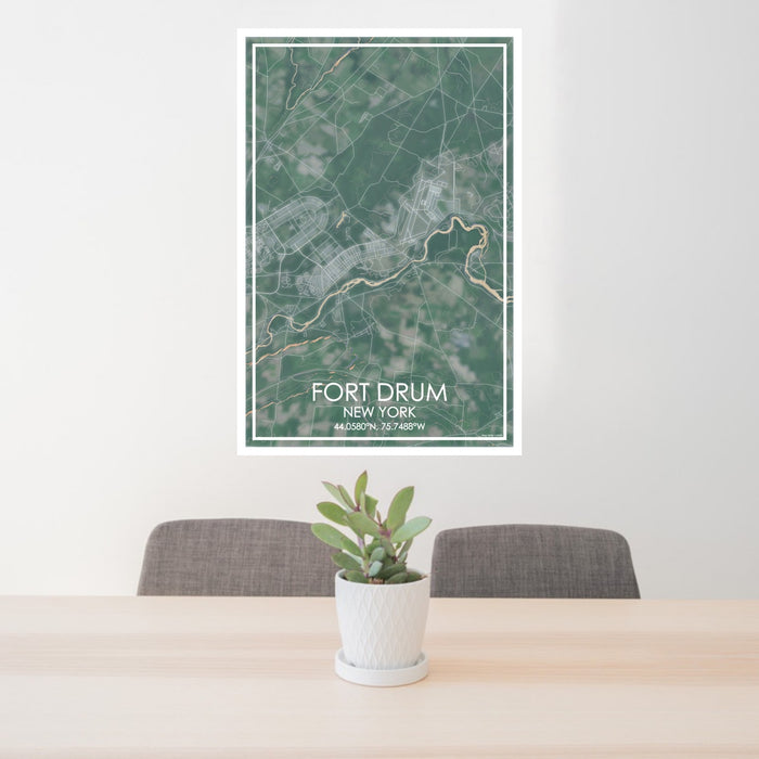 24x36 Fort Drum New York Map Print Portrait Orientation in Afternoon Style Behind 2 Chairs Table and Potted Plant