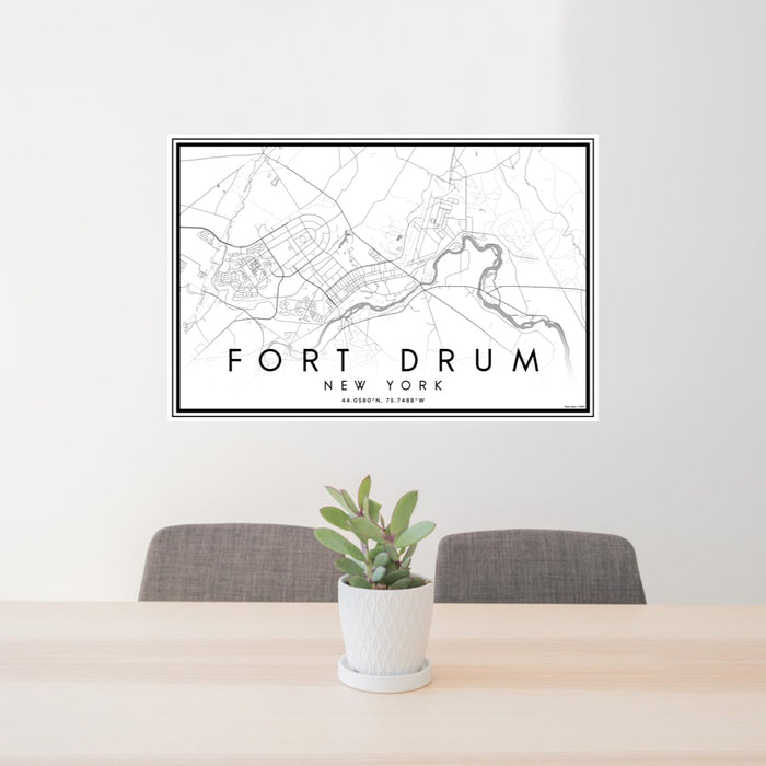 24x36 Fort Drum New York Map Print Lanscape Orientation in Classic Style Behind 2 Chairs Table and Potted Plant