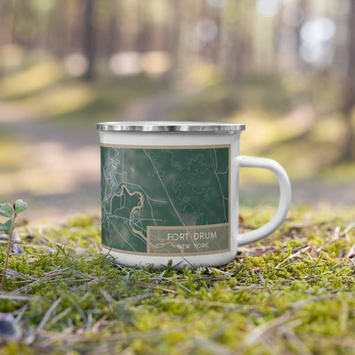 Right View Custom Fort Drum New York Map Enamel Mug in Afternoon on Grass With Trees in Background