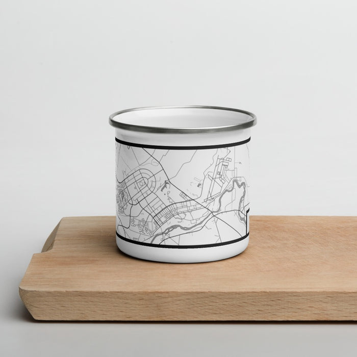 Front View Custom Fort Drum New York Map Enamel Mug in Classic on Cutting Board