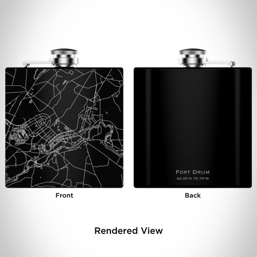 Rendered View of Fort Drum New York Map Engraving on 6oz Stainless Steel Flask in Black