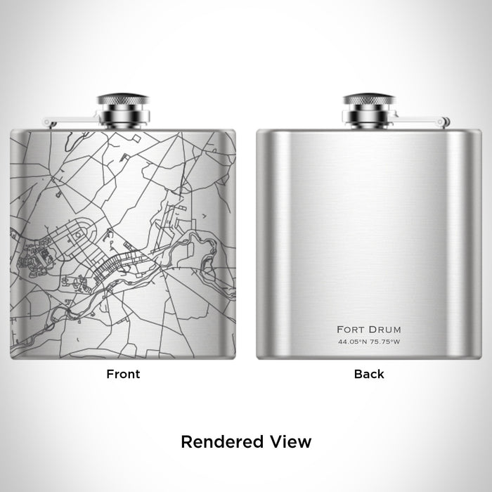 Rendered View of Fort Drum New York Map Engraving on 6oz Stainless Steel Flask