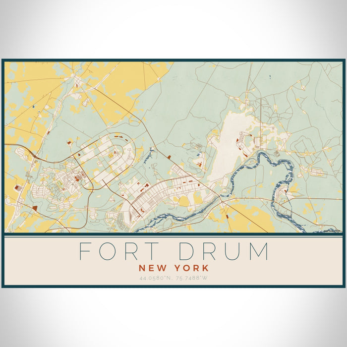 Fort Drum New York Map Print Landscape Orientation in Woodblock Style With Shaded Background
