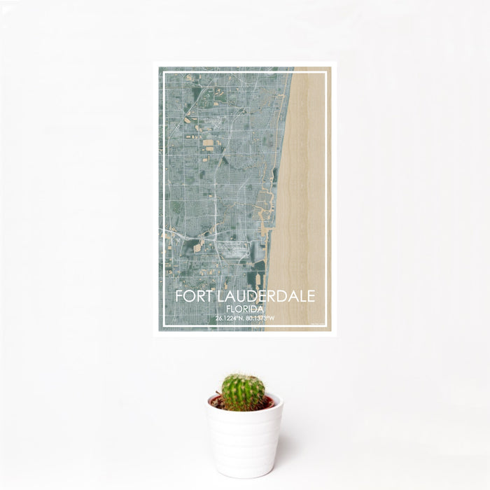 12x18 Fort Lauderdale Florida Map Print Portrait Orientation in Afternoon Style With Small Cactus Plant in White Planter