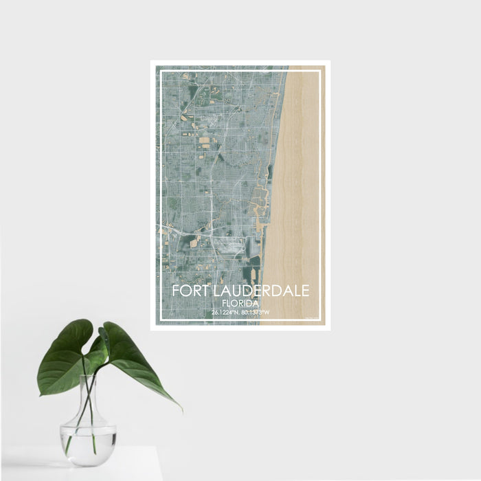 16x24 Fort Lauderdale Florida Map Print Portrait Orientation in Afternoon Style With Tropical Plant Leaves in Water