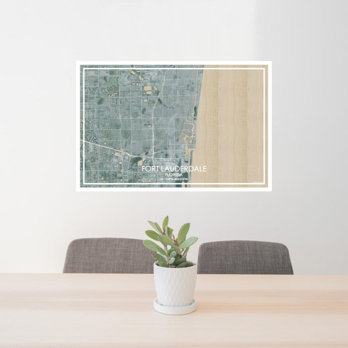 24x36 Fort Lauderdale Florida Map Print Lanscape Orientation in Afternoon Style Behind 2 Chairs Table and Potted Plant