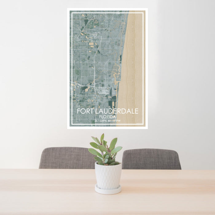 24x36 Fort Lauderdale Florida Map Print Portrait Orientation in Afternoon Style Behind 2 Chairs Table and Potted Plant