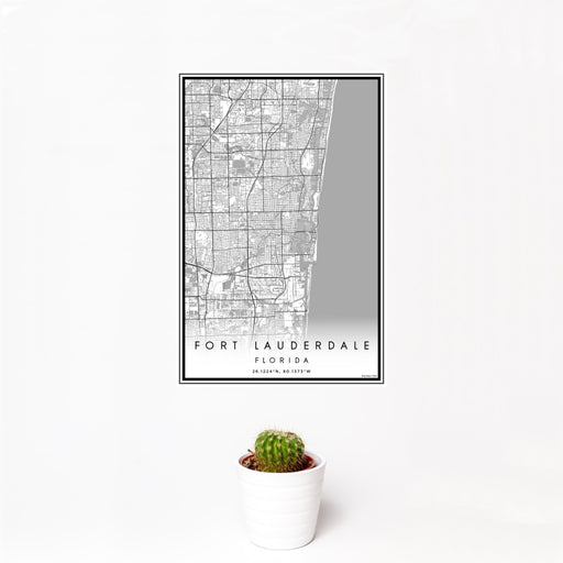 12x18 Fort Lauderdale Florida Map Print Portrait Orientation in Classic Style With Small Cactus Plant in White Planter