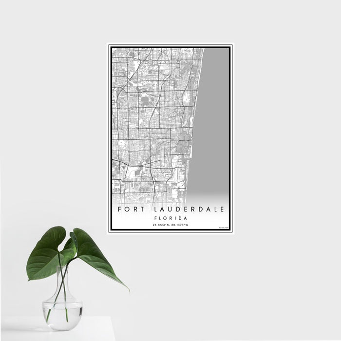 16x24 Fort Lauderdale Florida Map Print Portrait Orientation in Classic Style With Tropical Plant Leaves in Water