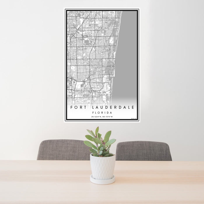 24x36 Fort Lauderdale Florida Map Print Portrait Orientation in Classic Style Behind 2 Chairs Table and Potted Plant