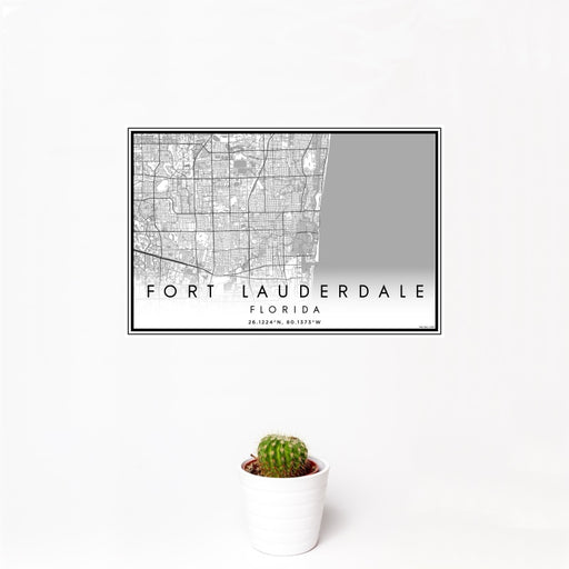 12x18 Fort Lauderdale Florida Map Print Landscape Orientation in Classic Style With Small Cactus Plant in White Planter