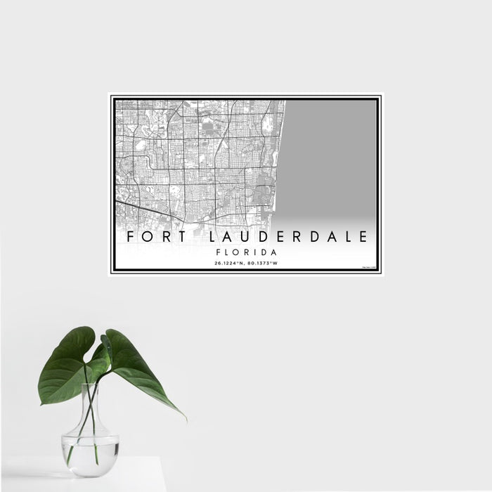 16x24 Fort Lauderdale Florida Map Print Landscape Orientation in Classic Style With Tropical Plant Leaves in Water