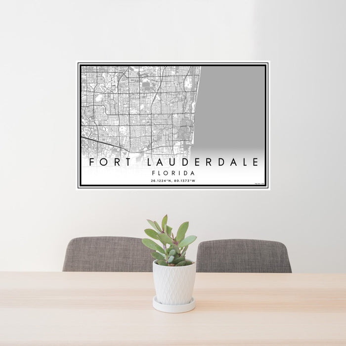24x36 Fort Lauderdale Florida Map Print Landscape Orientation in Classic Style Behind 2 Chairs Table and Potted Plant