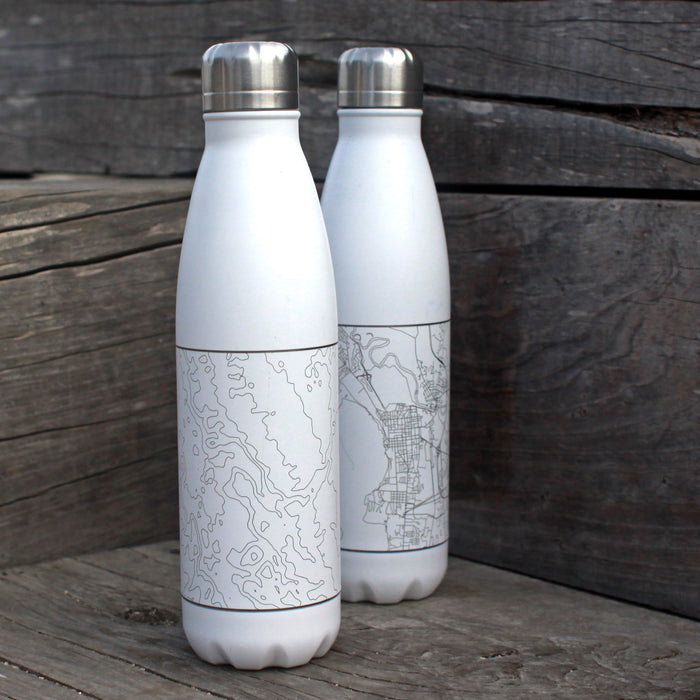 Two 17oz Stainless Steel Insulated Cola Bottles in White with Custom Engraved Map