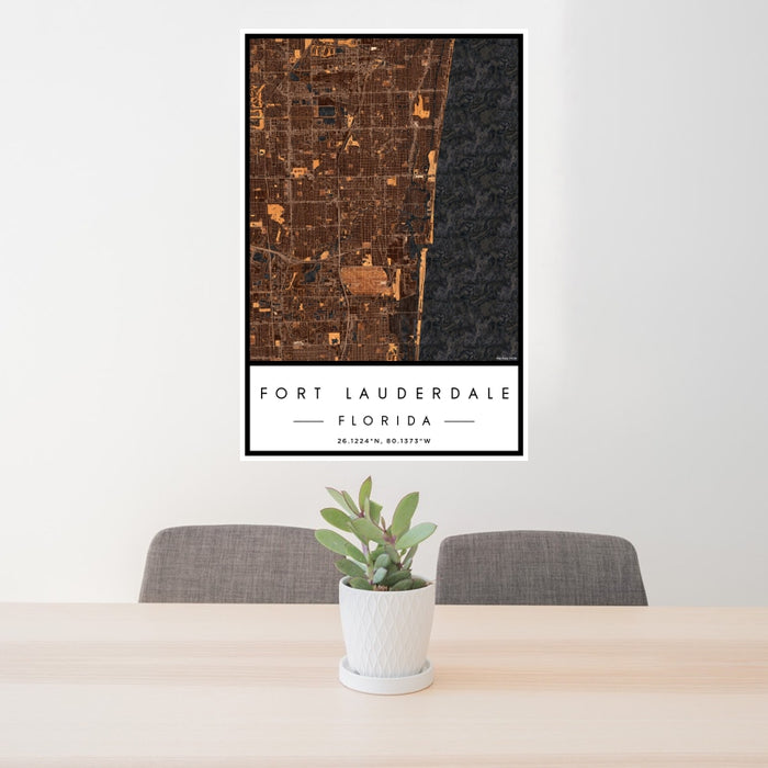 24x36 Fort Lauderdale Florida Map Print Portrait Orientation in Ember Style Behind 2 Chairs Table and Potted Plant