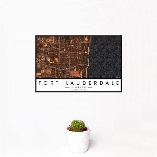 12x18 Fort Lauderdale Florida Map Print Landscape Orientation in Ember Style With Small Cactus Plant in White Planter
