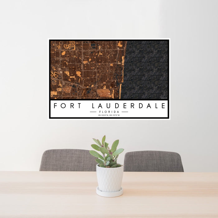 24x36 Fort Lauderdale Florida Map Print Landscape Orientation in Ember Style Behind 2 Chairs Table and Potted Plant