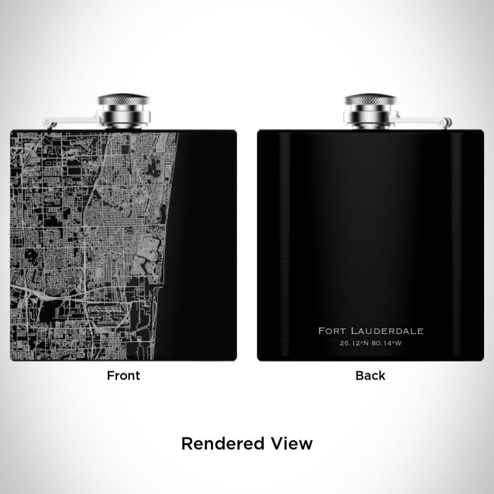 Rendered View of Fort Lauderdale Florida Map Engraving on 6oz Stainless Steel Flask in Black