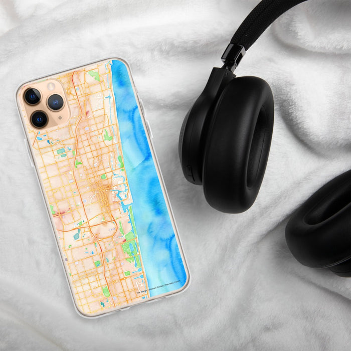 Custom Fort Lauderdale Florida Map Phone Case in Watercolor on Table with Black Headphones