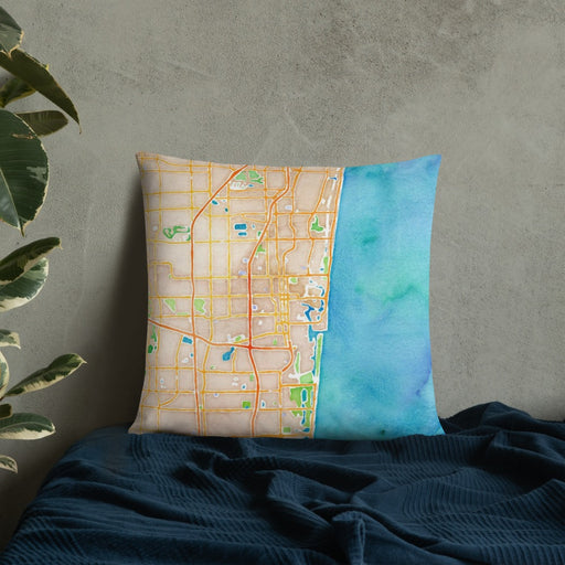 Custom Fort Lauderdale Florida Map Throw Pillow in Watercolor on Bedding Against Wall