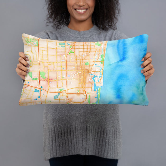 Person holding 20x12 Custom Fort Lauderdale Florida Map Throw Pillow in Watercolor