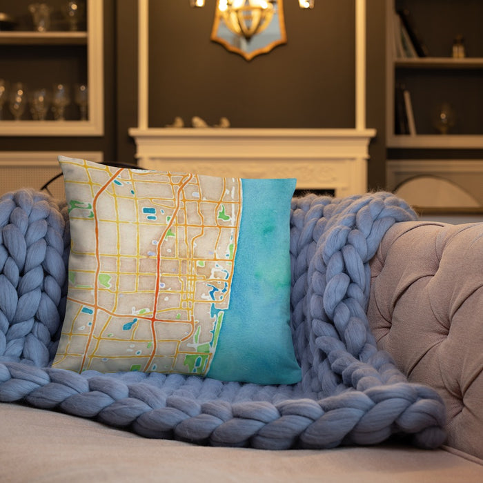 Custom Fort Lauderdale Florida Map Throw Pillow in Watercolor on Cream Colored Couch