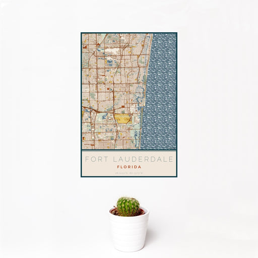 12x18 Fort Lauderdale Florida Map Print Portrait Orientation in Woodblock Style With Small Cactus Plant in White Planter