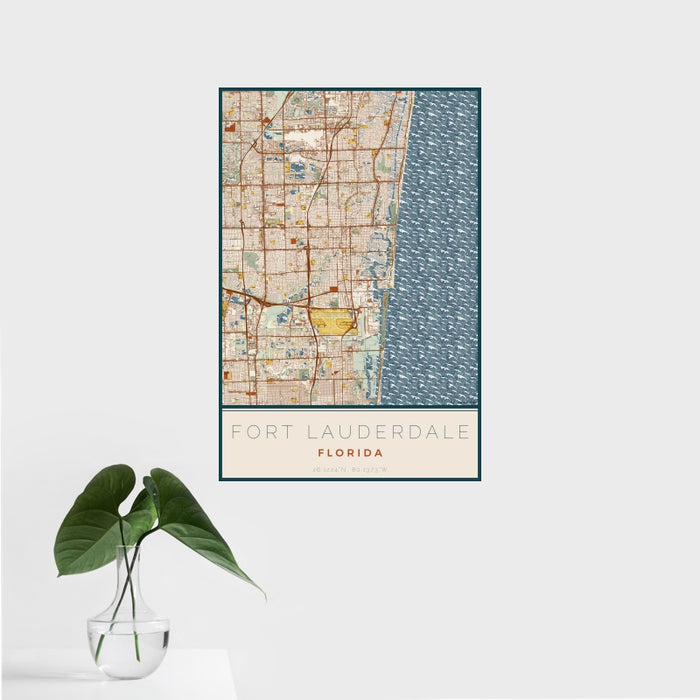 16x24 Fort Lauderdale Florida Map Print Portrait Orientation in Woodblock Style With Tropical Plant Leaves in Water