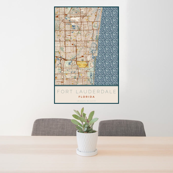 24x36 Fort Lauderdale Florida Map Print Portrait Orientation in Woodblock Style Behind 2 Chairs Table and Potted Plant