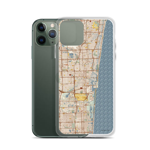 Custom Fort Lauderdale Florida Map Phone Case in Woodblock on Table with Laptop and Plant