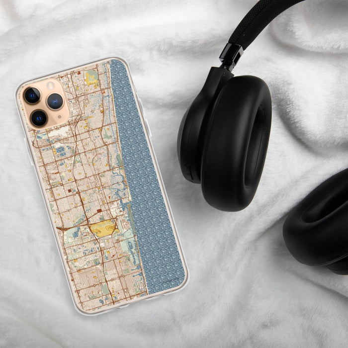 Custom Fort Lauderdale Florida Map Phone Case in Woodblock on Table with Black Headphones