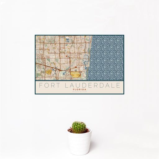 12x18 Fort Lauderdale Florida Map Print Landscape Orientation in Woodblock Style With Small Cactus Plant in White Planter