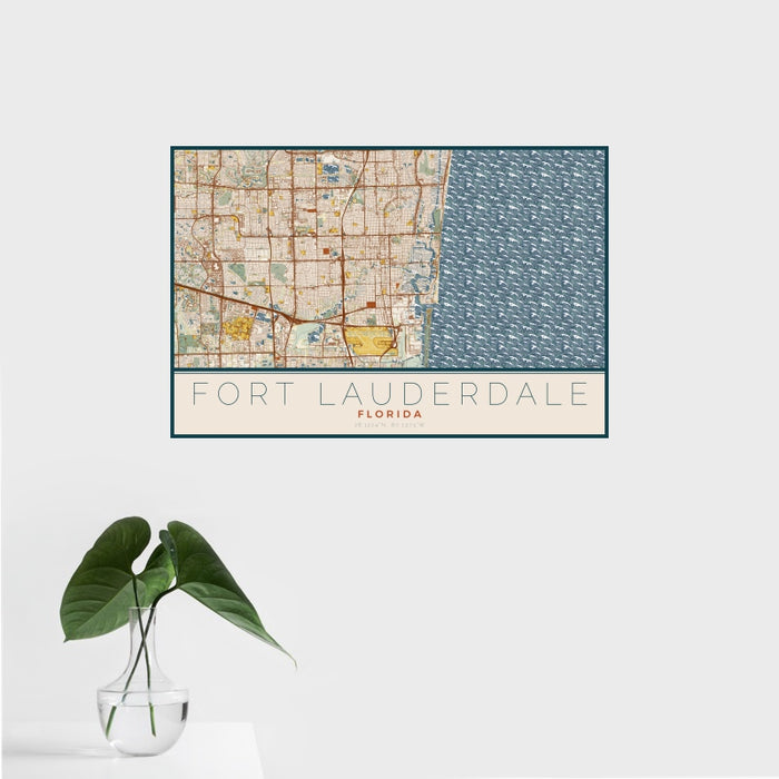 16x24 Fort Lauderdale Florida Map Print Landscape Orientation in Woodblock Style With Tropical Plant Leaves in Water