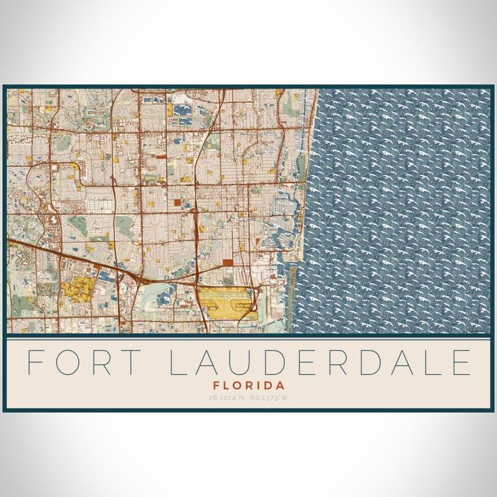 Fort Lauderdale Florida Map Print Landscape Orientation in Woodblock Style With Shaded Background