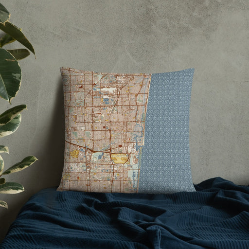 Custom Fort Lauderdale Florida Map Throw Pillow in Woodblock on Bedding Against Wall