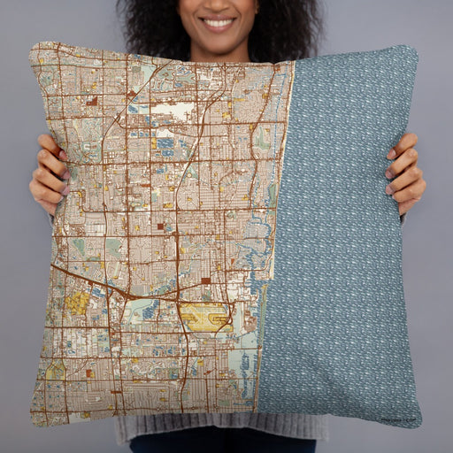 Person holding 22x22 Custom Fort Lauderdale Florida Map Throw Pillow in Woodblock