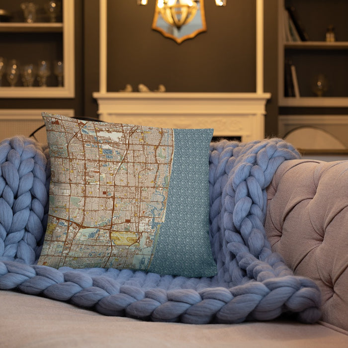 Custom Fort Lauderdale Florida Map Throw Pillow in Woodblock on Cream Colored Couch