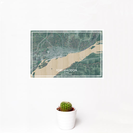 12x18 Fort Madison Iowa Map Print Landscape Orientation in Afternoon Style With Small Cactus Plant in White Planter