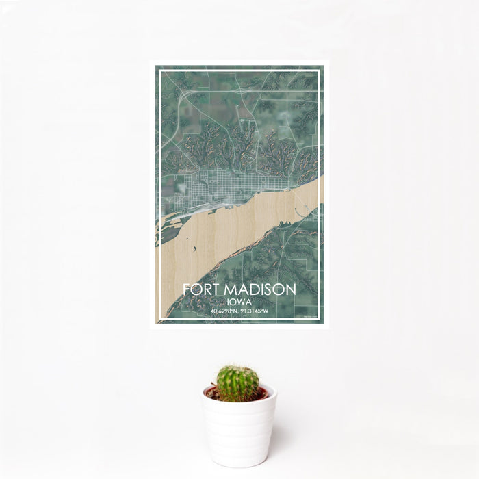 12x18 Fort Madison Iowa Map Print Portrait Orientation in Afternoon Style With Small Cactus Plant in White Planter