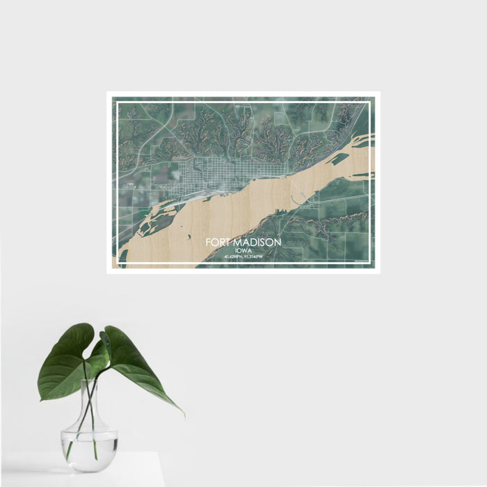 16x24 Fort Madison Iowa Map Print Landscape Orientation in Afternoon Style With Tropical Plant Leaves in Water