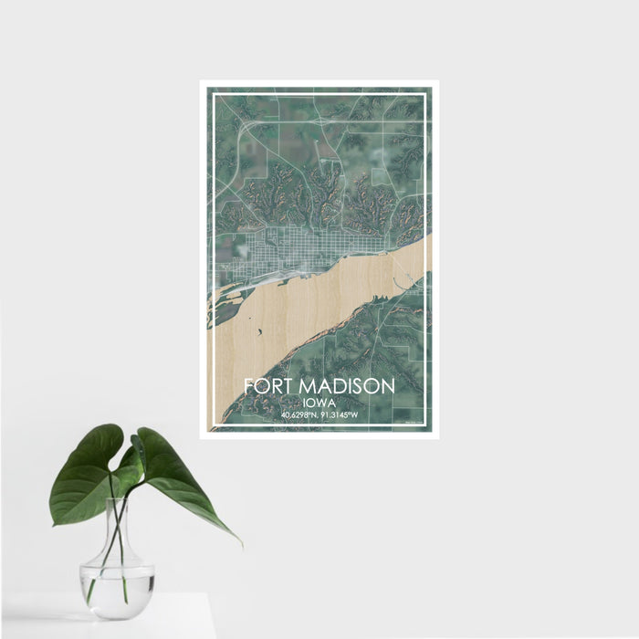 16x24 Fort Madison Iowa Map Print Portrait Orientation in Afternoon Style With Tropical Plant Leaves in Water