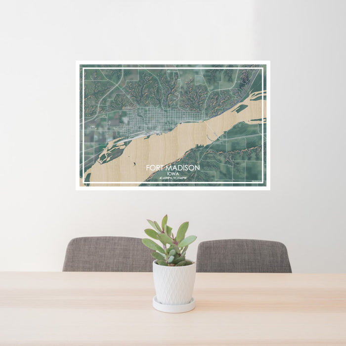 24x36 Fort Madison Iowa Map Print Lanscape Orientation in Afternoon Style Behind 2 Chairs Table and Potted Plant