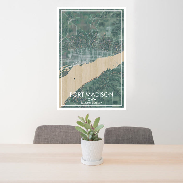 24x36 Fort Madison Iowa Map Print Portrait Orientation in Afternoon Style Behind 2 Chairs Table and Potted Plant