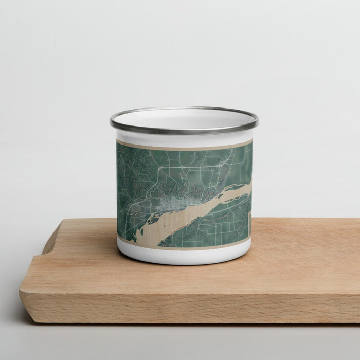 Front View Custom Fort Madison Iowa Map Enamel Mug in Afternoon on Cutting Board
