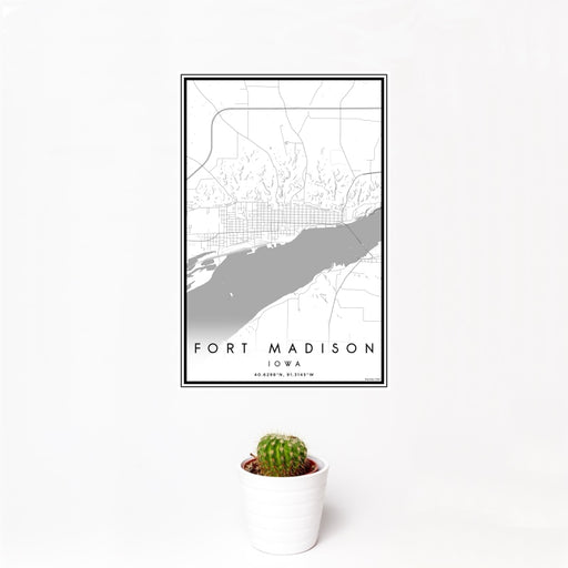12x18 Fort Madison Iowa Map Print Portrait Orientation in Classic Style With Small Cactus Plant in White Planter