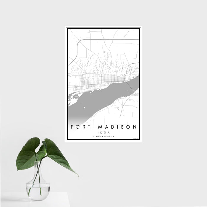 16x24 Fort Madison Iowa Map Print Portrait Orientation in Classic Style With Tropical Plant Leaves in Water