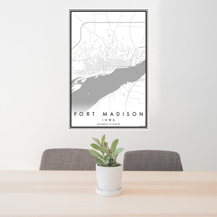 24x36 Fort Madison Iowa Map Print Portrait Orientation in Classic Style Behind 2 Chairs Table and Potted Plant