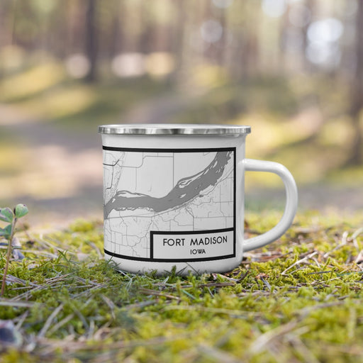 Right View Custom Fort Madison Iowa Map Enamel Mug in Classic on Grass With Trees in Background
